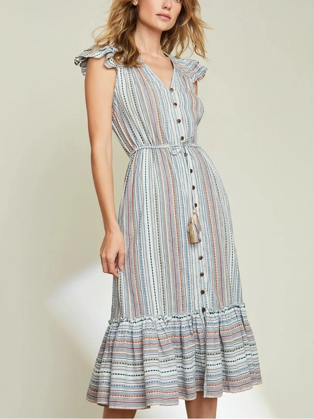 Veronica Beard Tinzia Striped Ruffle 100% Cotton Midi Dress Size S Small